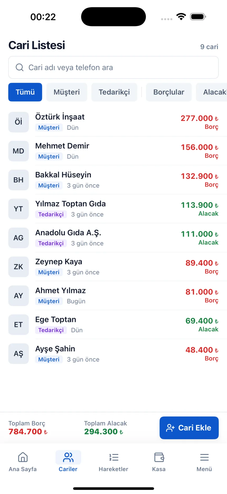 Cari Listesi: müşteri ve tedarikçiler tek listede; Borçlular ve Alacaklılar süzgeci